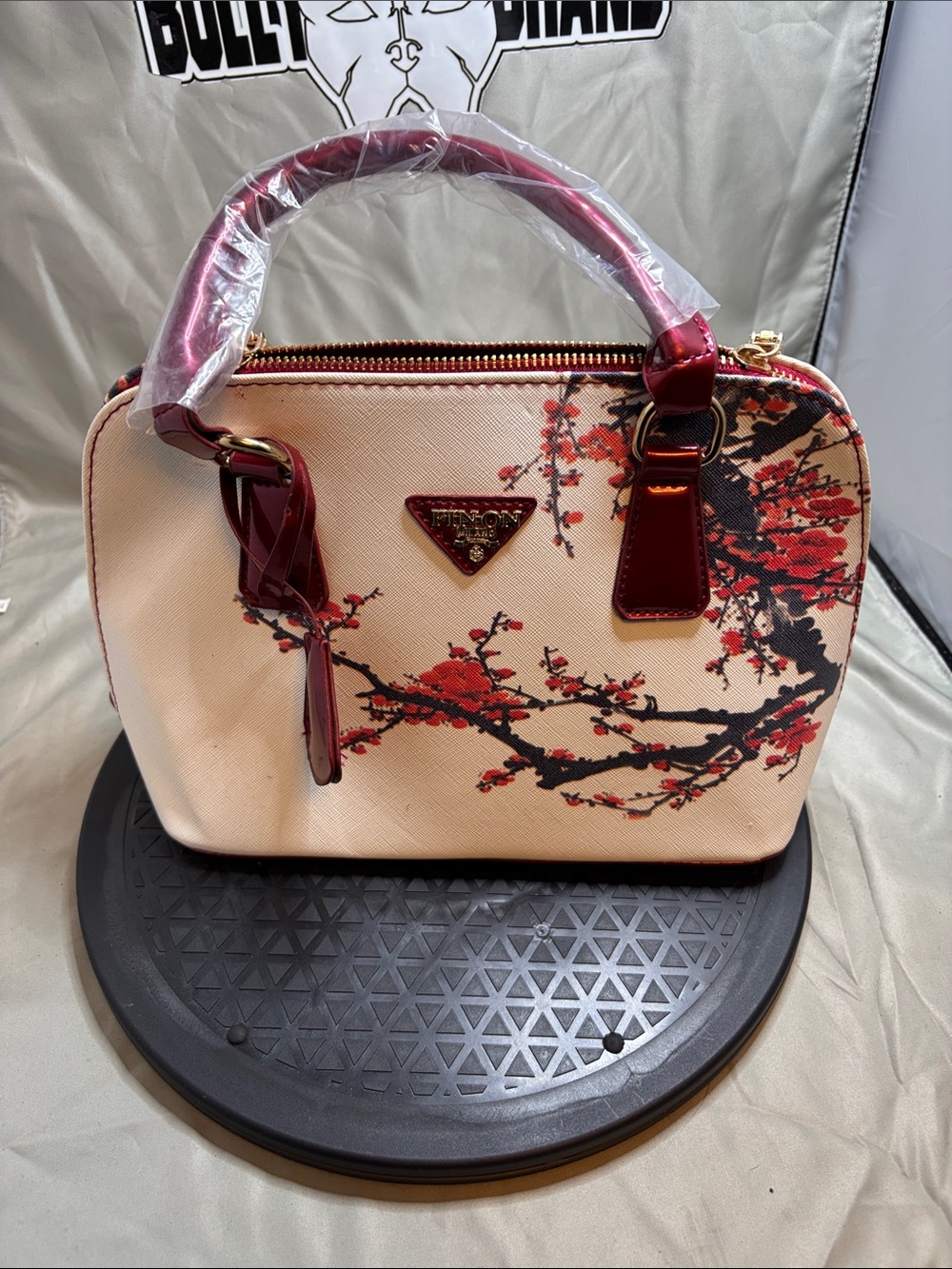 Cherry Blossom Handle Satchel Bag - Cream & Red